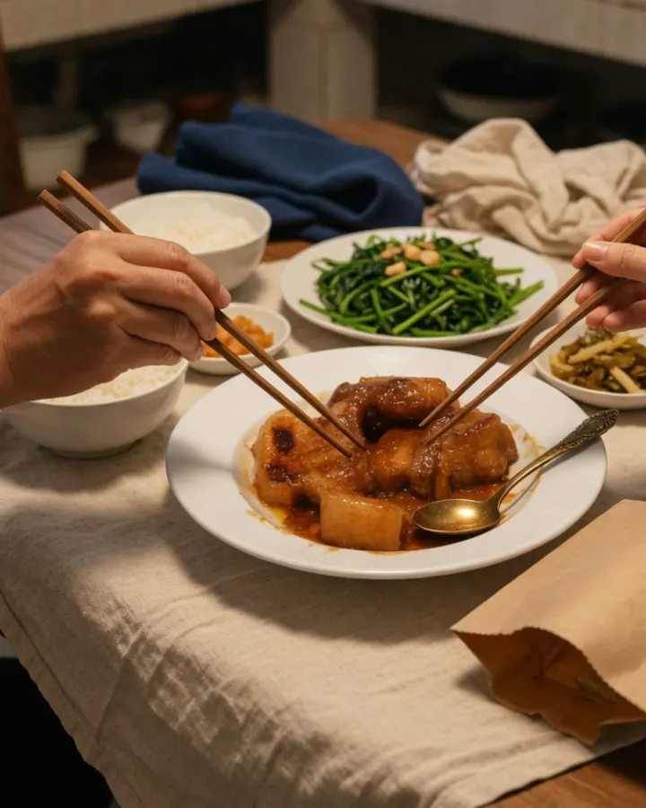 Bữa cơm gia đình với đĩa thịt heo rô ti